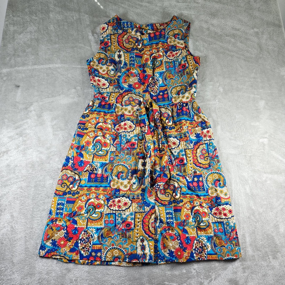 Vintage Paisley Floral Dress Womens Medium Psychedelic Mod Sleeveless Belted 70s